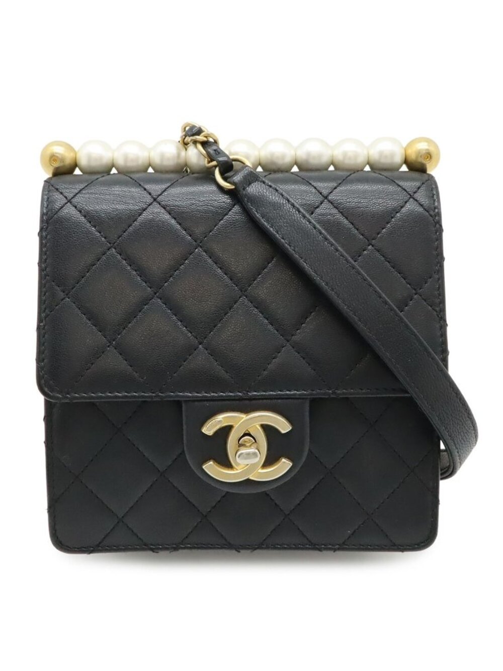 Chanel Quilted CC Logo Pearl Chain Bag Shoulder Flap Bag Leather Black Gold